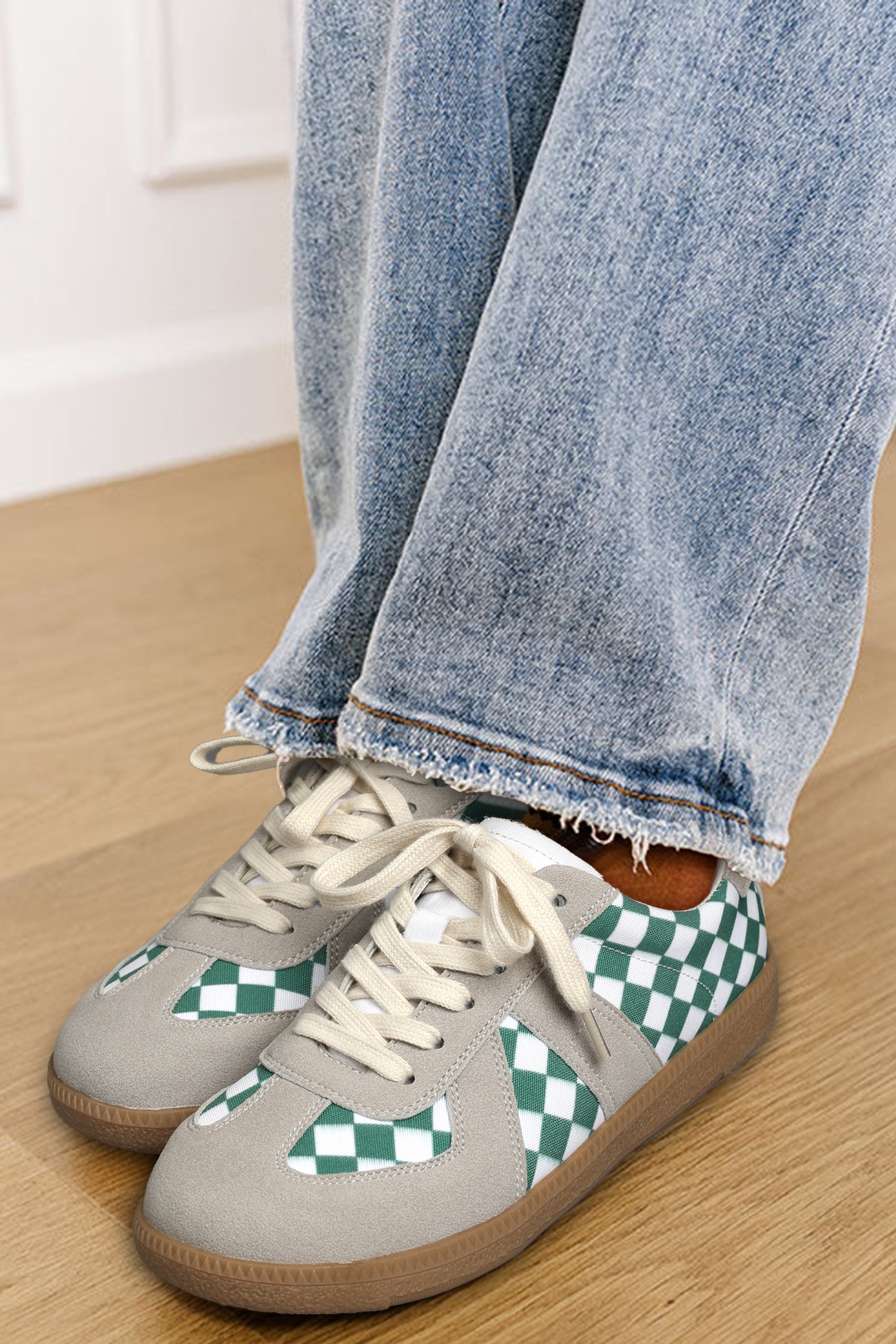 Sea Green Checkered PU Leather Lace-up Sneakers