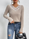 Perfee Lace Detail Ribbed V-Neck Long Sleeve Top - PD SECRET REALM