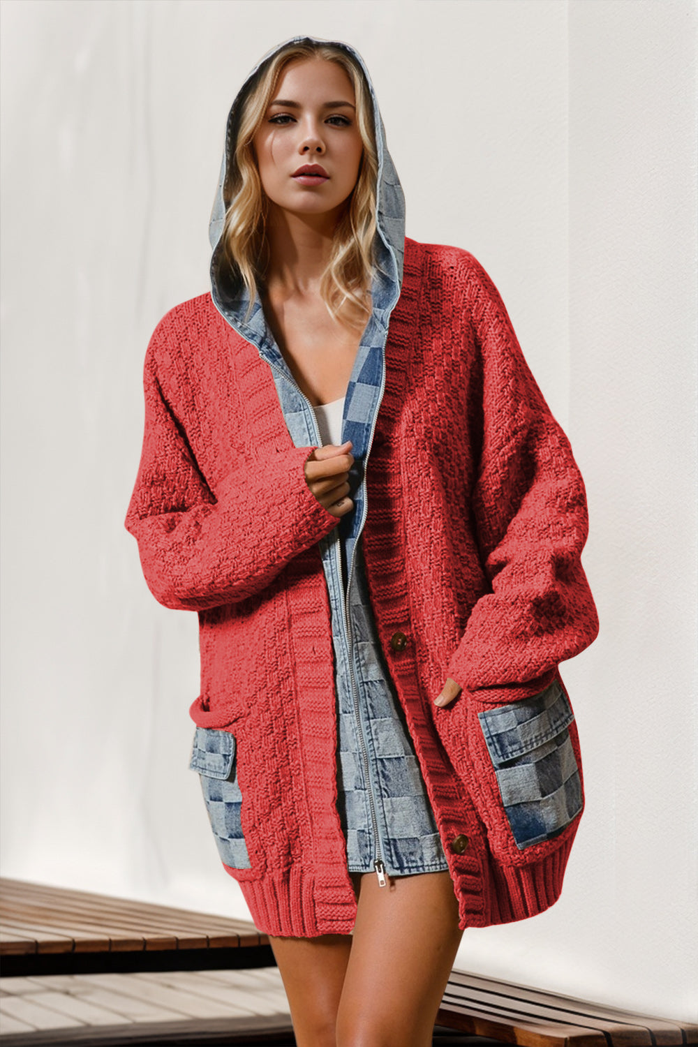 Full Size Hooded Denim Spliced Sweater Cardigan