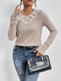 Perfee Lace Detail Ribbed V-Neck Long Sleeve Top - PD SECRET REALM