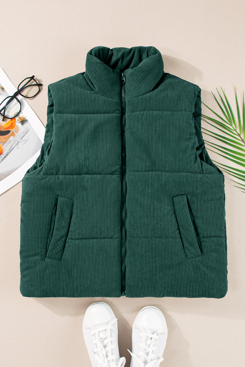 Coffee Solid Color Corduroy Puffer Vest Coat