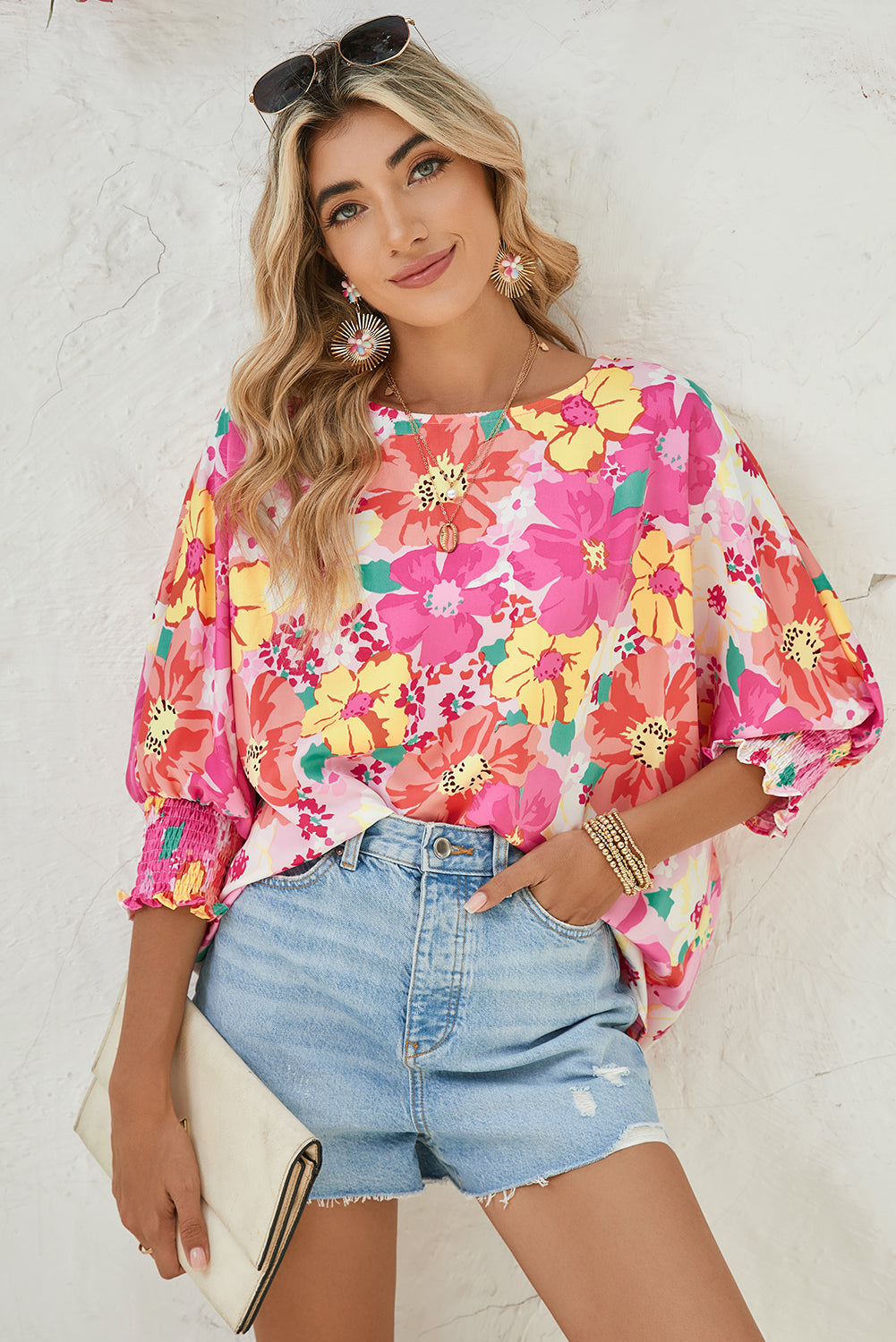 Pink Shirred Cuffs 3/4 Sleeve Boho Floral Blouse