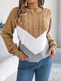 Cable-Knit Color Block Round Neck Sweater - PD SECRET REALM