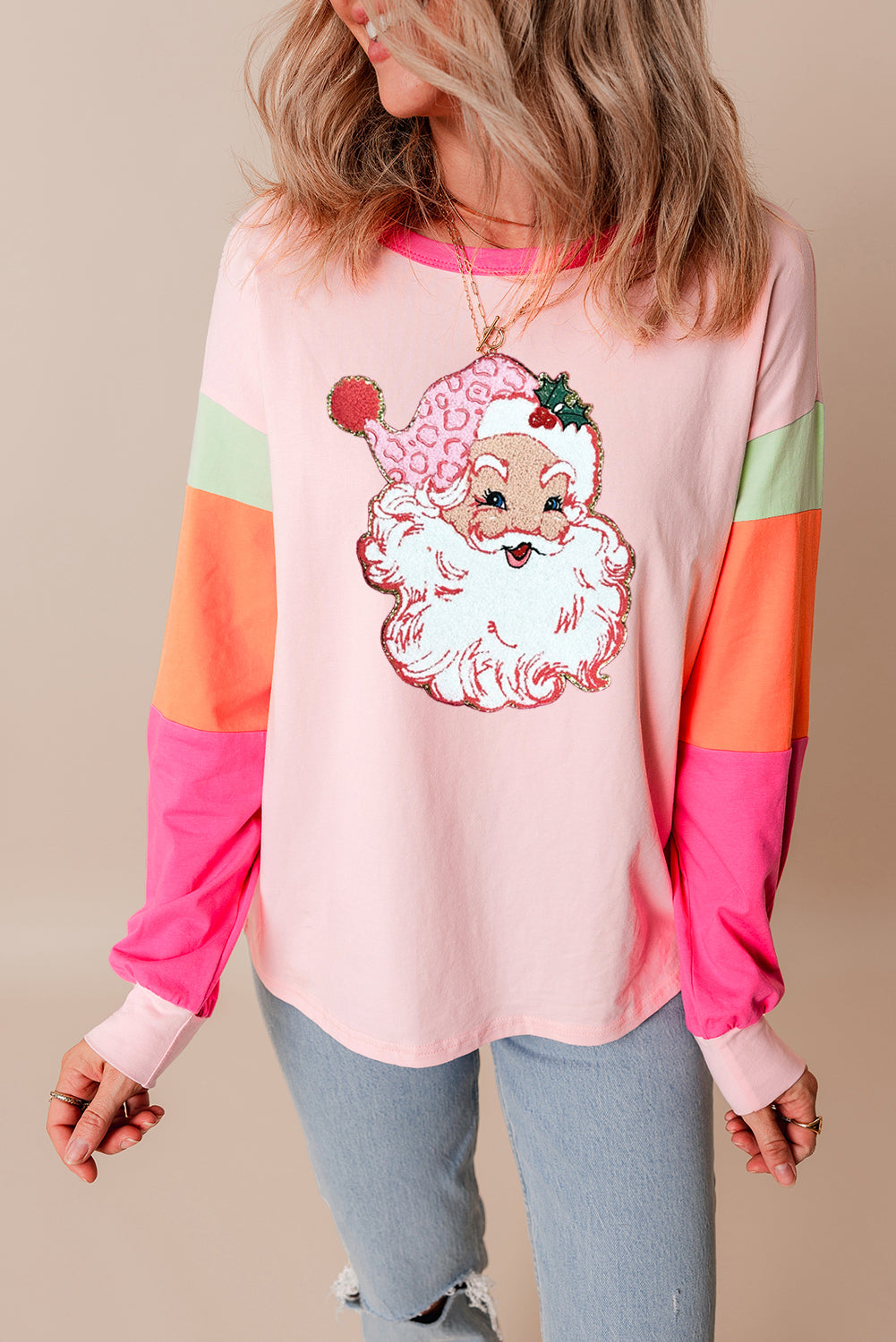 Pink Casual Colorblock Santa Claus Graphic Sweatshirt