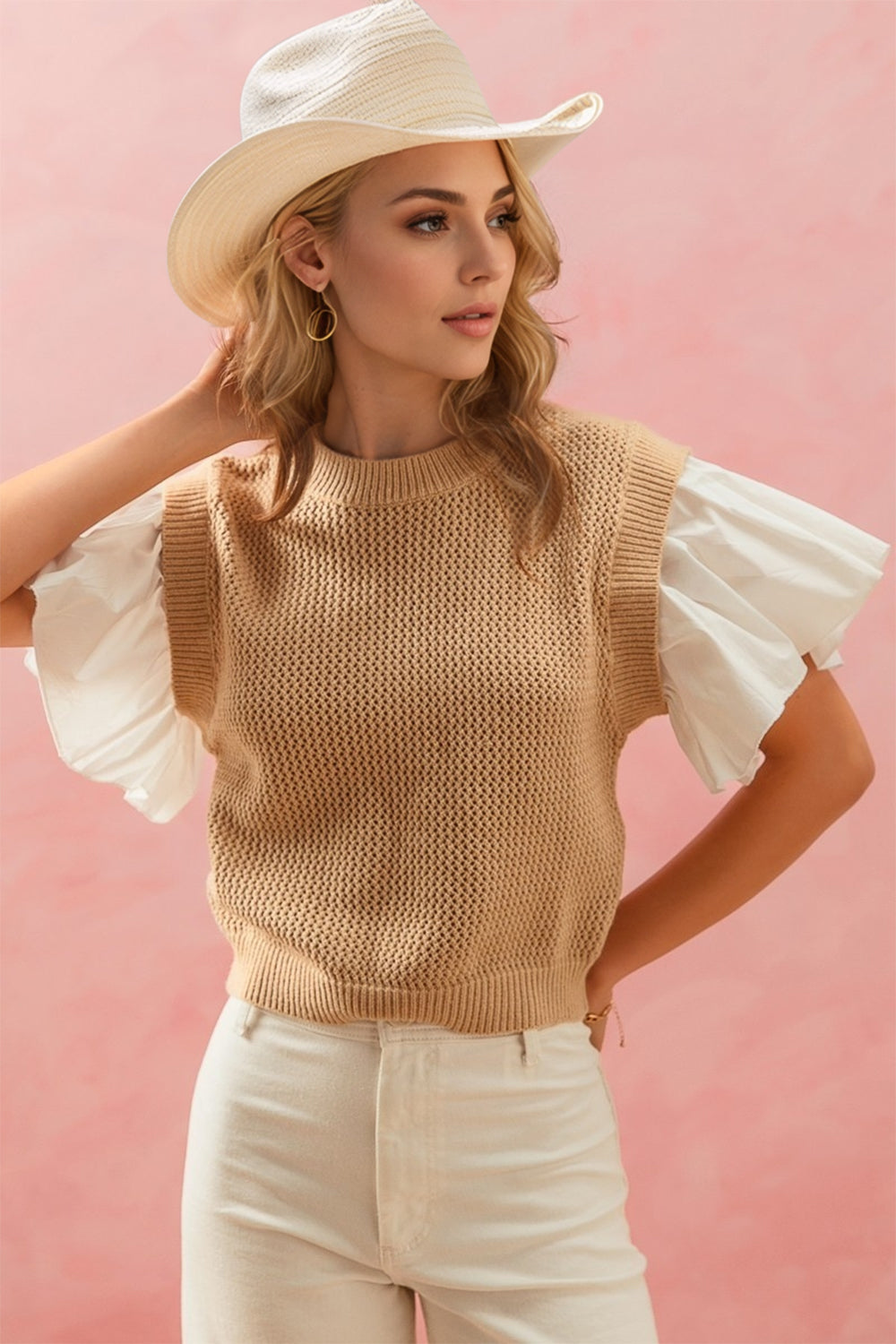 Full Size Ruffled Round Neck Short Sleeve Sweater