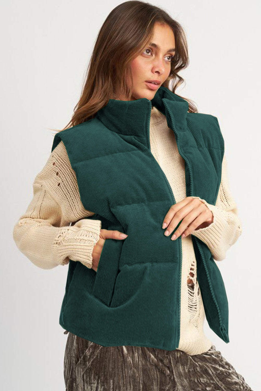 Coffee Solid Color Corduroy Puffer Vest Coat