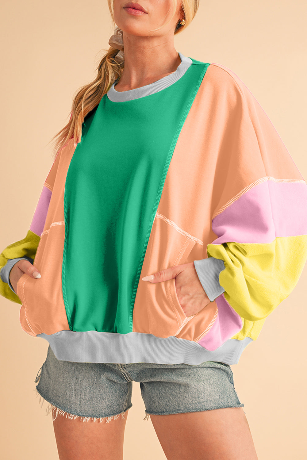 Orchid Petal Colorblock Patchwork Drop Shoulder Top