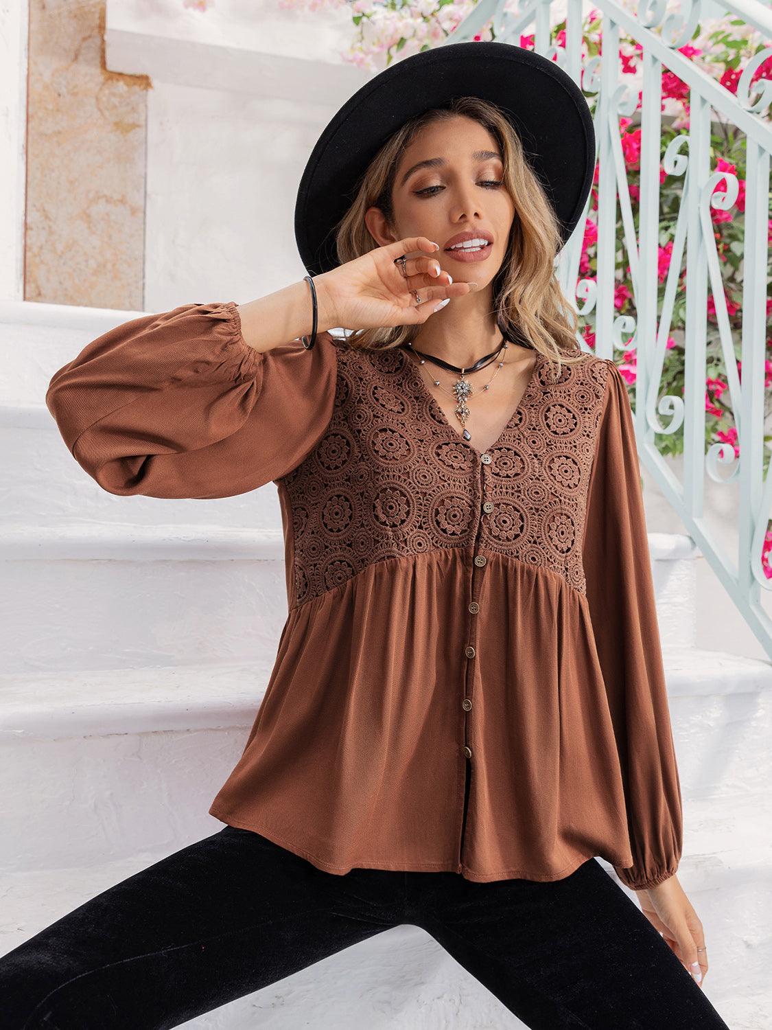 Printed V-Neck Long Sleeve Blouse - PD SECRET REALM