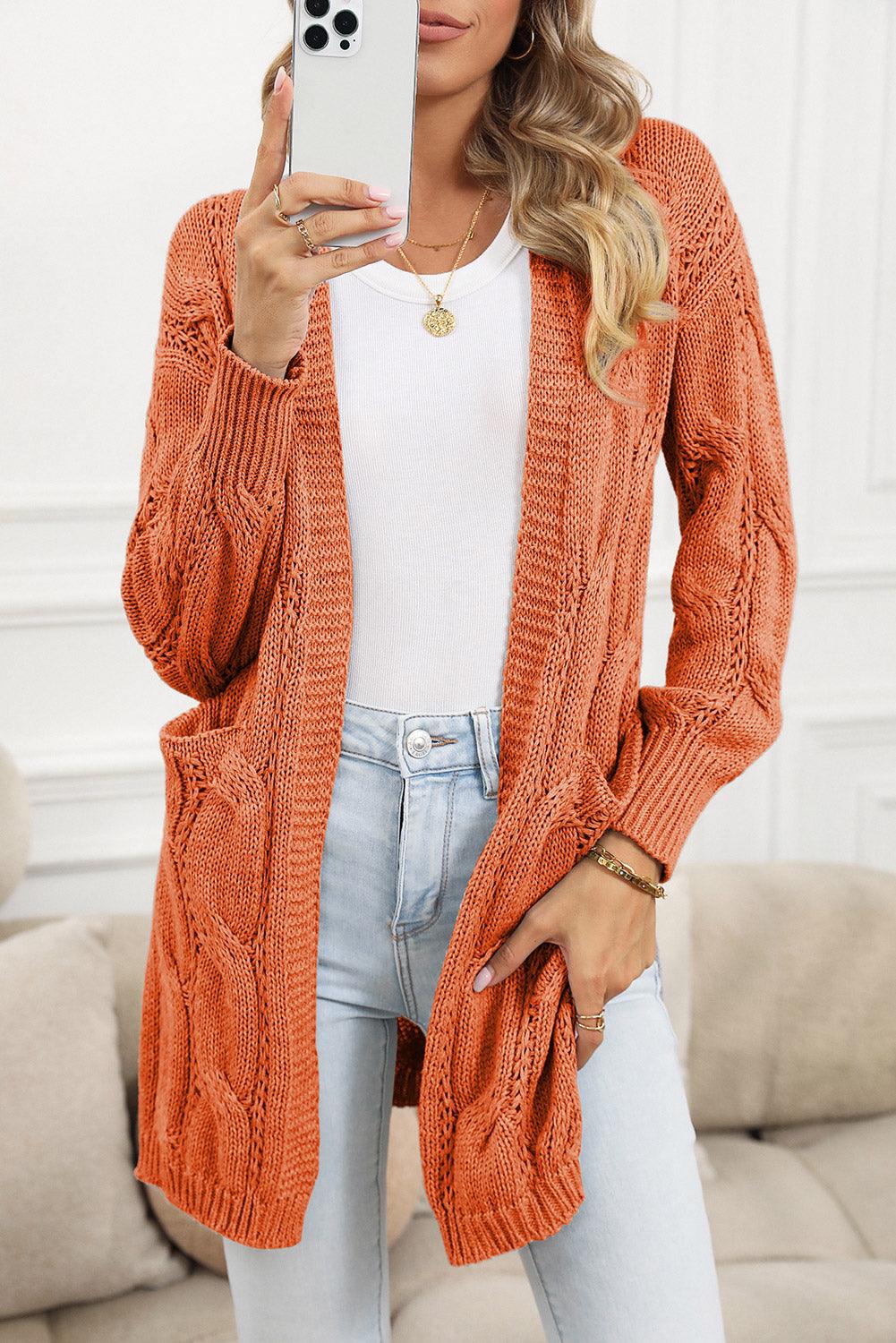 Khaki Ribbed Trim Hollow Knit Side Slits Cardigan