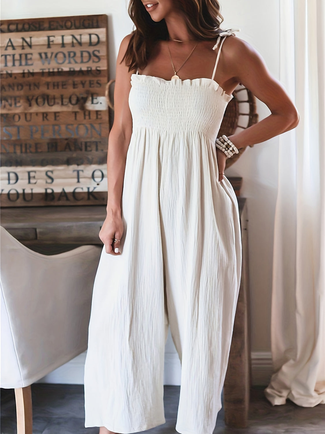 Full Size Smocked Spaghetti Strap Wide Leg Jumpsuit