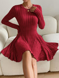 Ribbed Round Neck Long Sleeve Dress - PD SECRET REALM