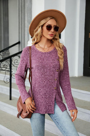 Buttoned Long Sleeve Slit Top - PD SECRET REALM