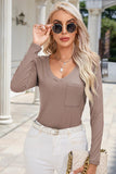 Ribbed V-Neck Long Sleeve Blouse with Pocket - PD SECRET REALM