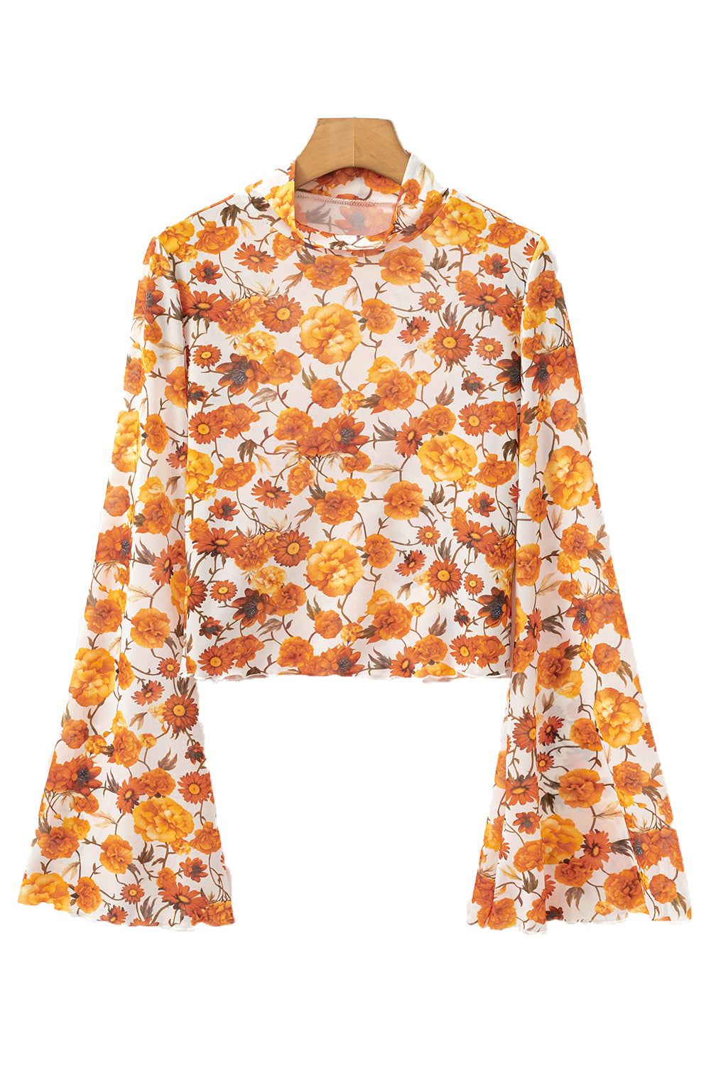 Orange Floral Print Bell Sleeve Mock Neck Scallop Trim Blouse