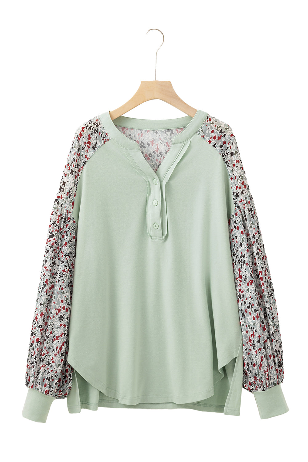 Meadow Mist Green Floral Print Bubble Sleeve Henley Loose Top