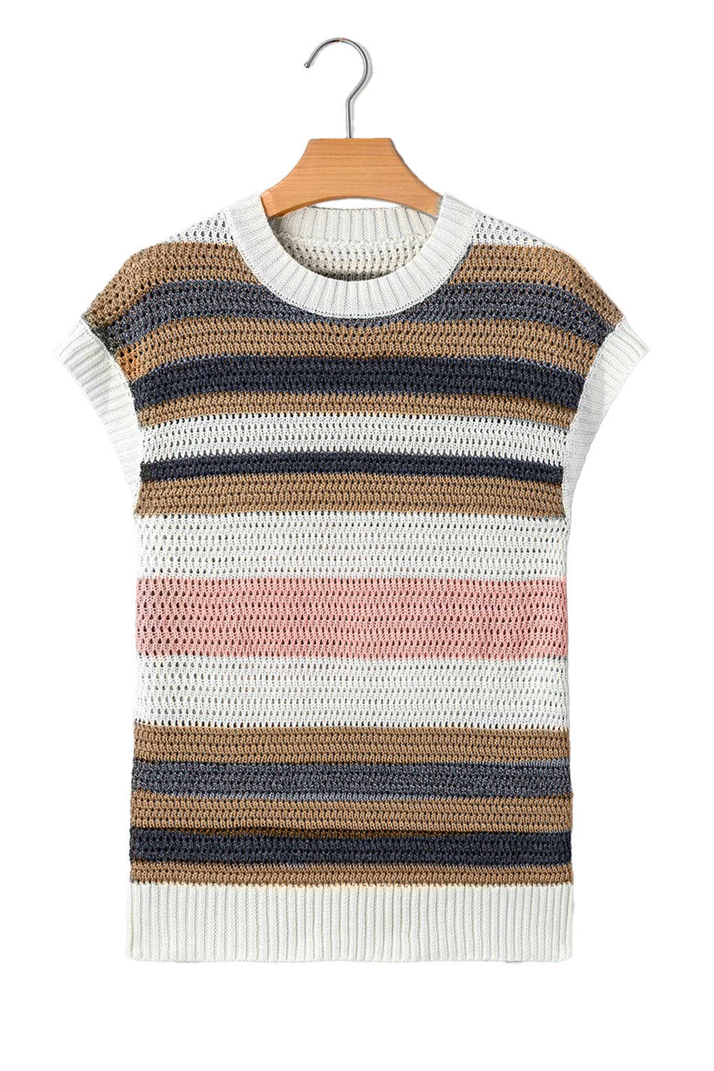 Pink Stripe Colorblock Eyelet Knit Short Sleeve Sweater Tee