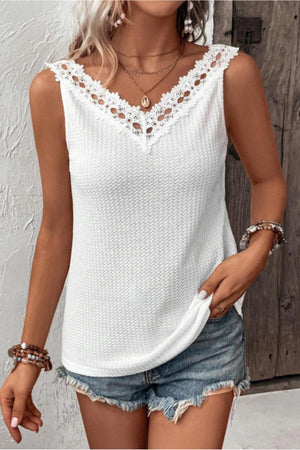 Lace Detail Textured V-Neck Tank - PD SECRET REALM