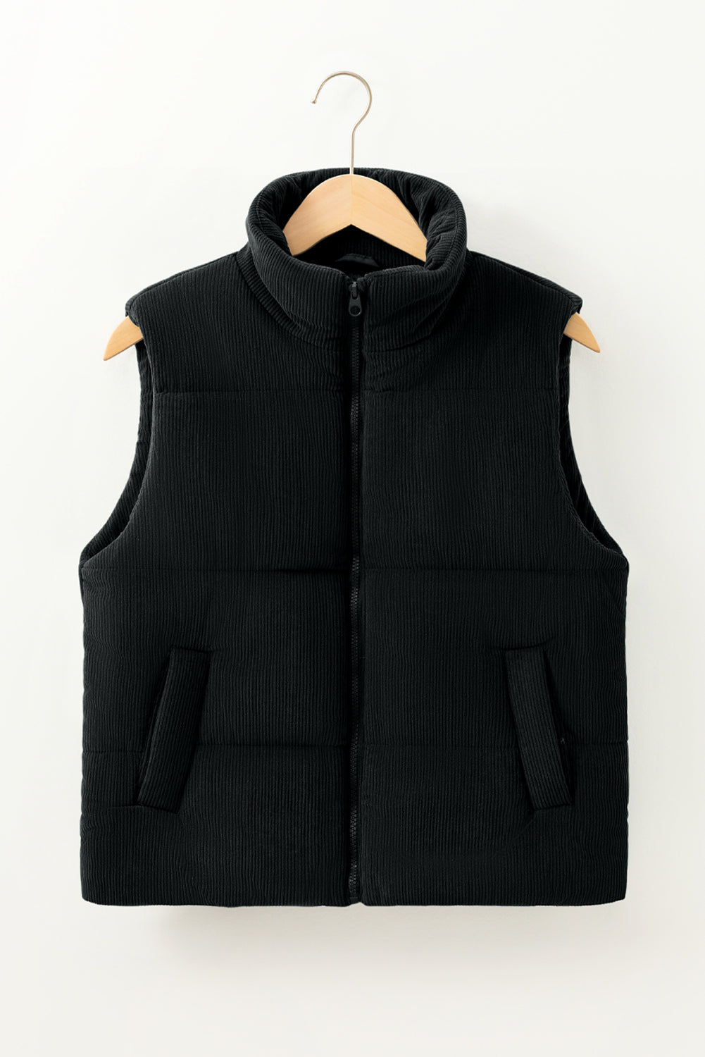 Coffee Solid Color Corduroy Puffer Vest Coat