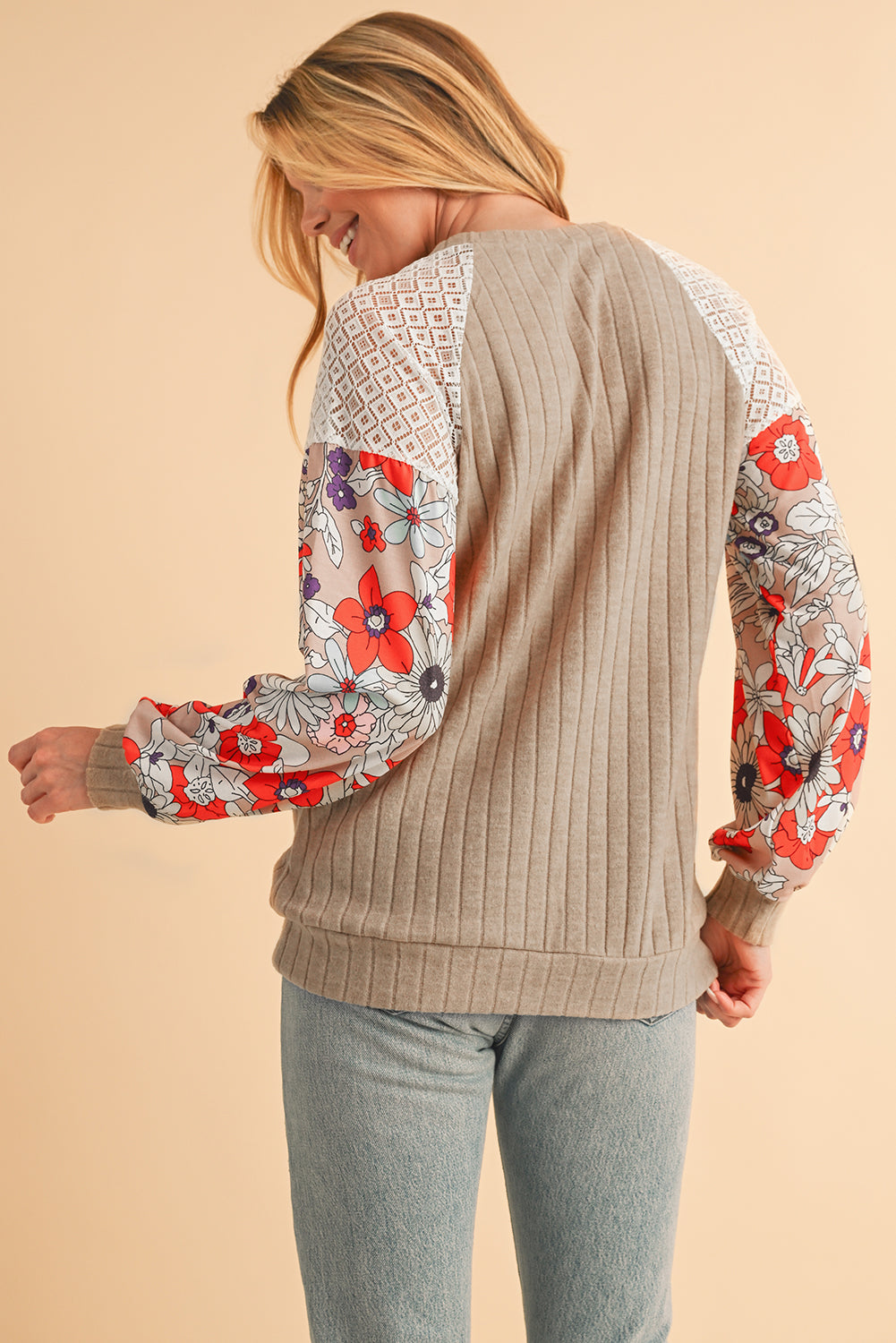 Laurel Green Floral Patchwork Raglan Sleeve Ribbed Blouse