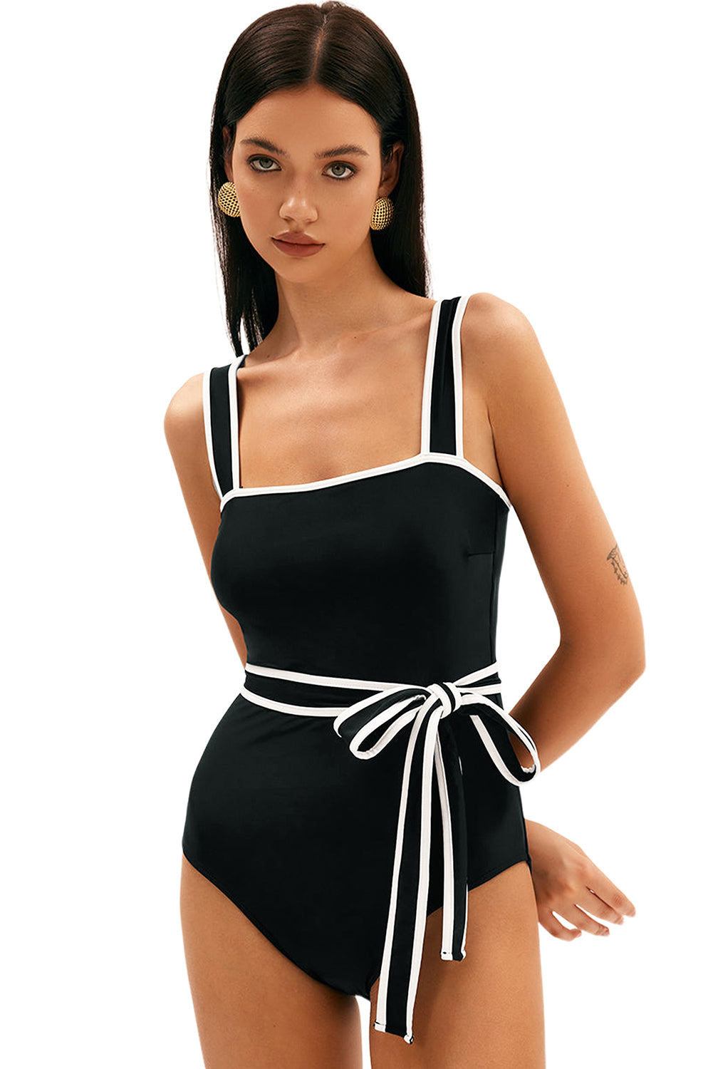 Black Contrast Edge Belted One Piece Swimsuit