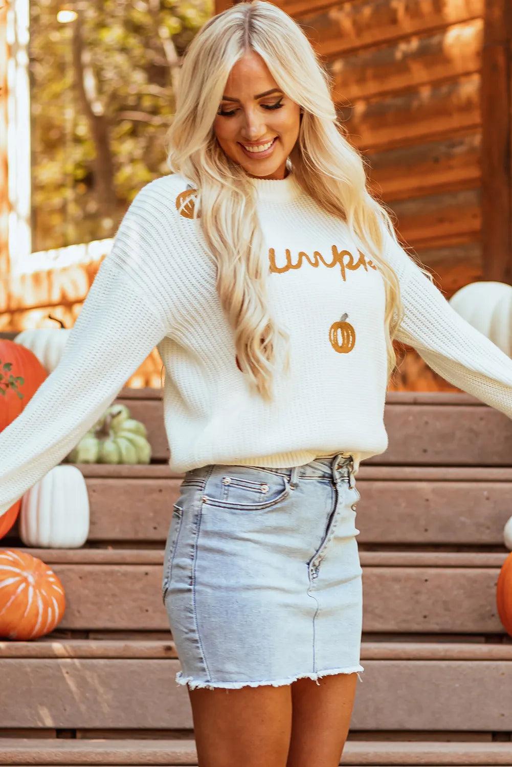 Pumpkin Embroidery Long Sleeve Sweater