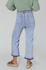 Beau Blue Acid Washed Contrast Hem Pocketed Cropped Jeans