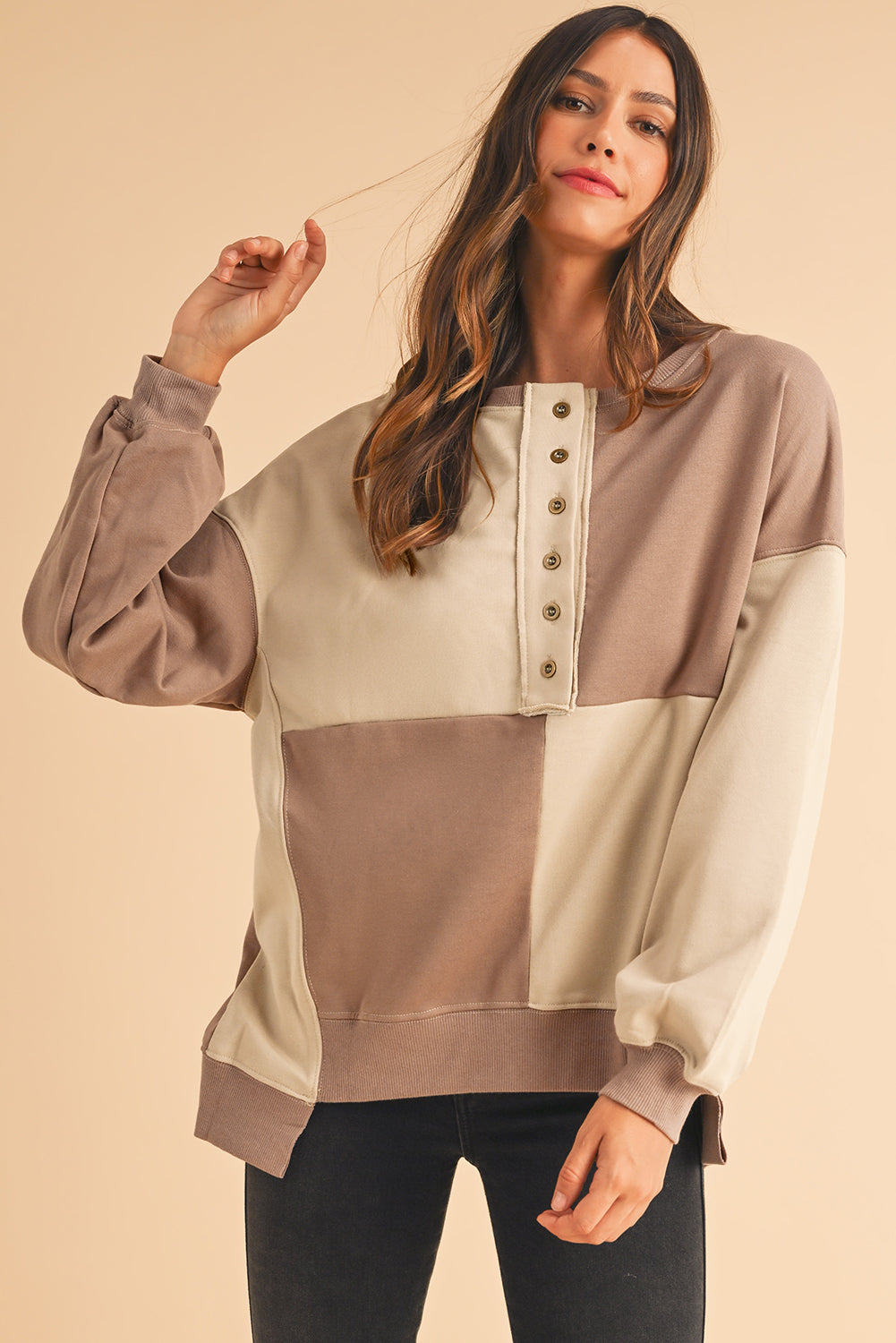 Parchment Colorblock Henley High Low Loose Sweatshirt