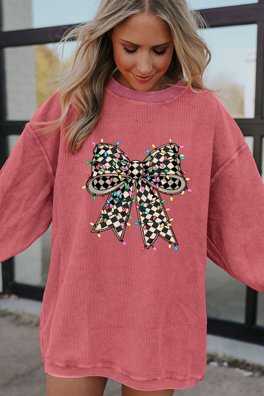 Strawberry Pink Checkered Bow Print Ribbed Crew Neck Pullover Sweatshirt