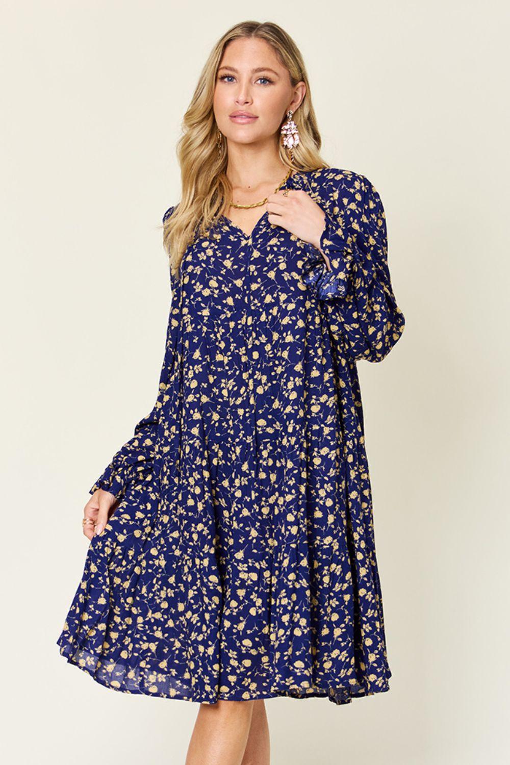 Full Size Printed Ruffle Hem Long Sleeve Tiered Dress