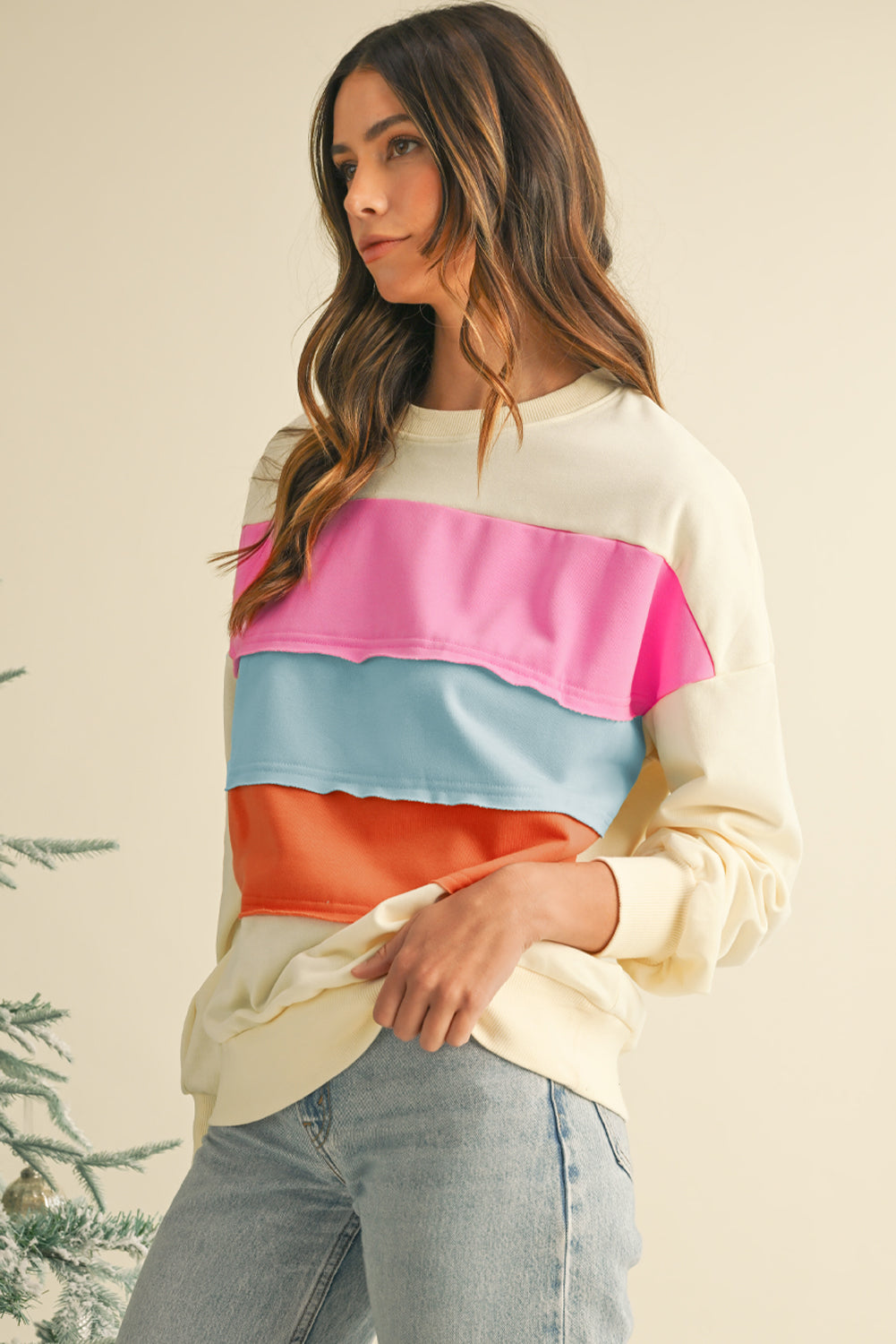 White Colorblock Patchwork Drop Sleeve Sweatshirt