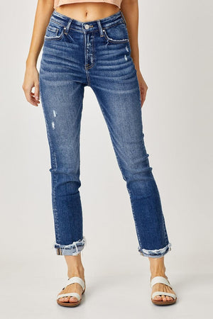 Risen Full Size High-Rise Frayed Cuffed Straight Jeans - PD SECRET REALM