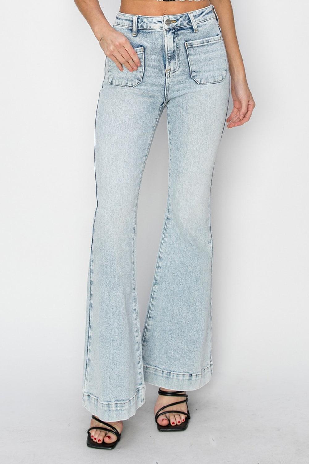 Risen Full Size High Rise Front Patch Pocket Flare Jeans - PD SECRET REALM