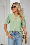 Eyelet Short Puff Sleeve Notched Neck Top - PD SECRET REALM