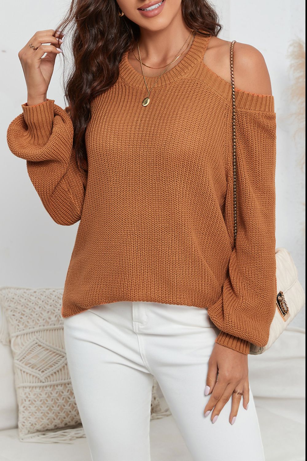 Cutout Back Cold Shoulder Long Sleeve Sweater