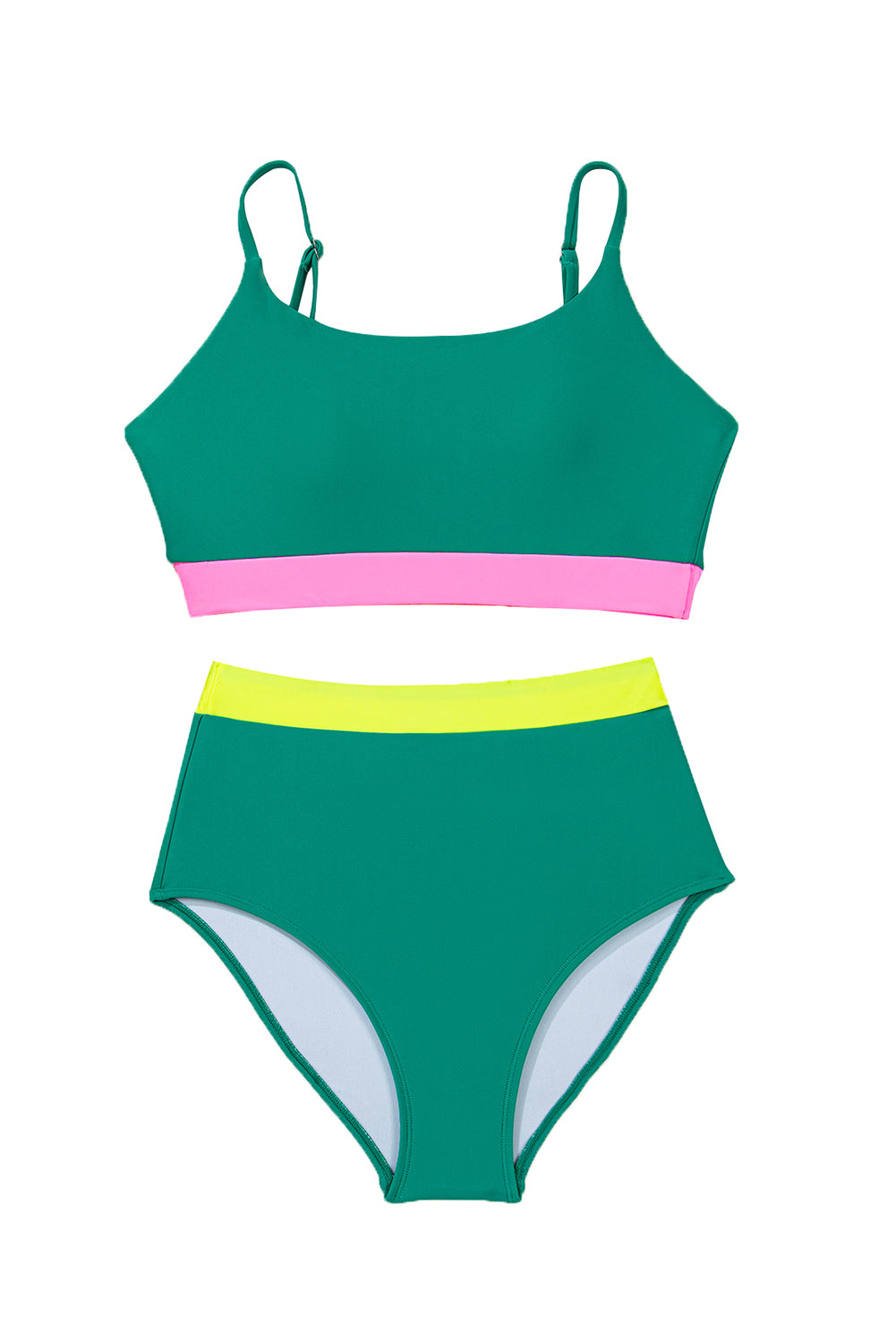 Sea Green Contrast Trim Colorblock High-Waisted Bikini Swimwear