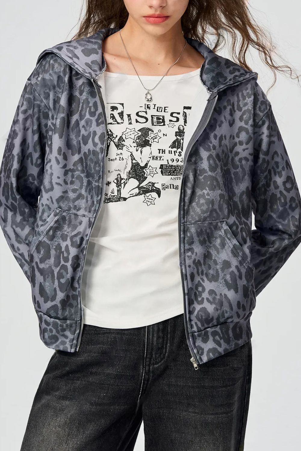 Pocketed Leopard Zip Up Hooded Jacket