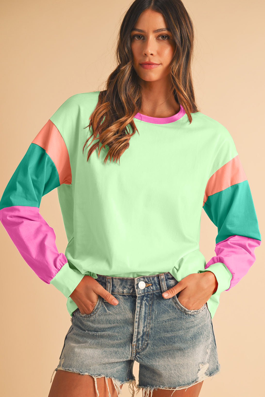 Rose Red Color Block Sleeve Loose Fit Top