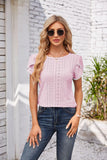 Eyelet Round Neck Petal Sleeve T-Shirt - PD SECRET REALM