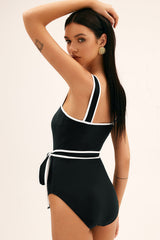 Black Contrast Edge Belted One Piece Swimsuit