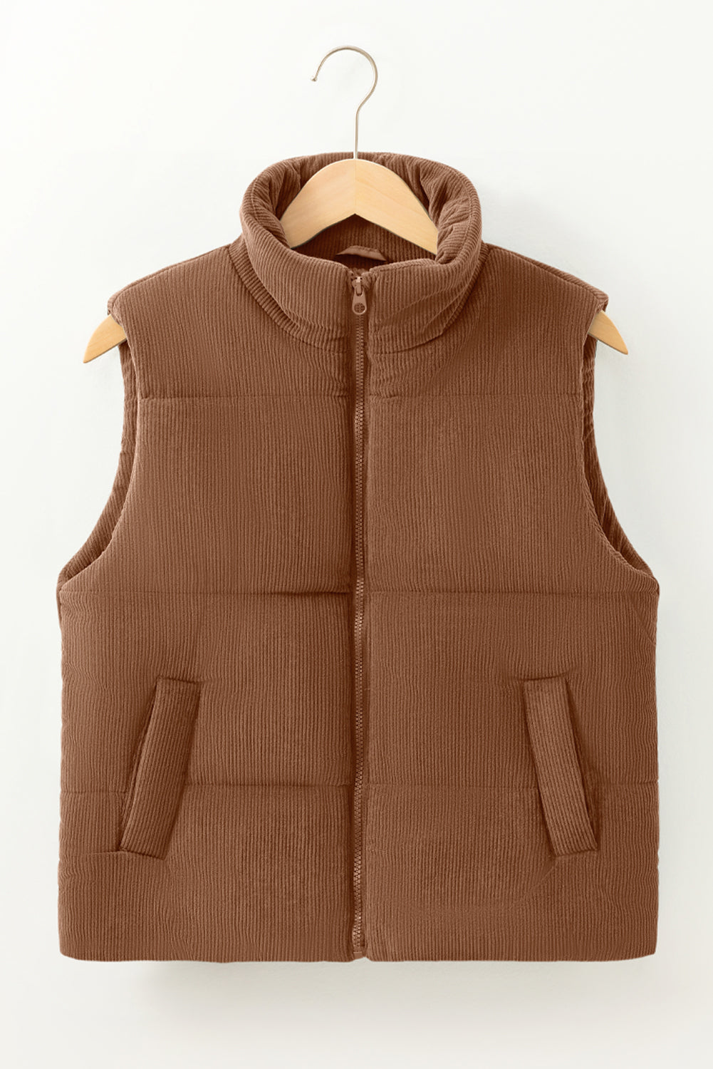 Coffee Solid Color Corduroy Puffer Vest Coat