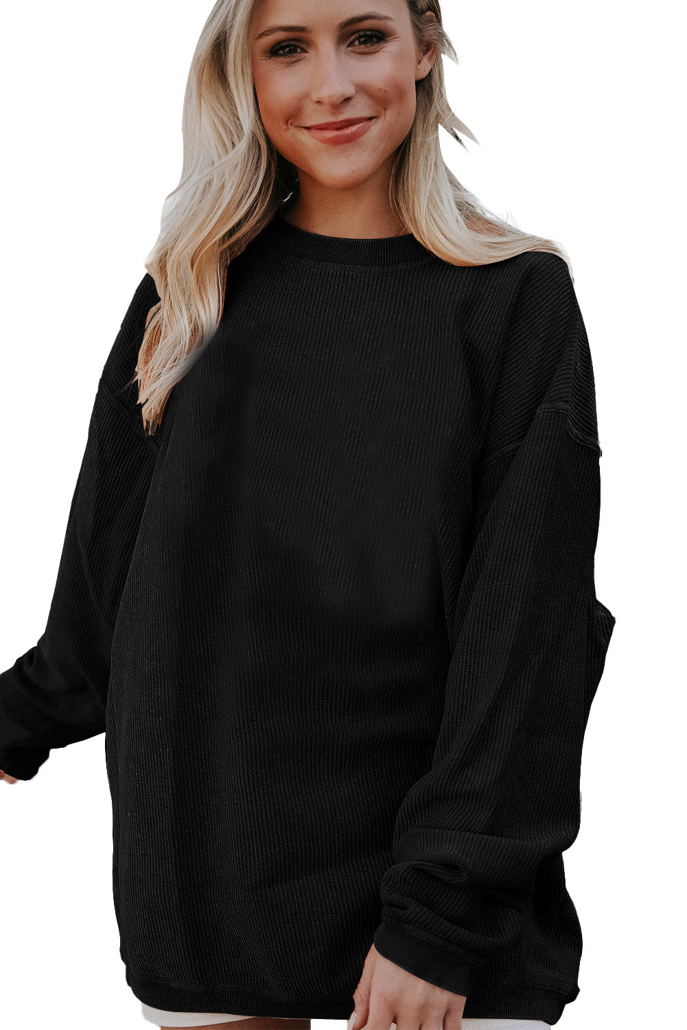 Dark Blue Plain Drop Sleeve Crinkle Rib Oversized Sweatshirt