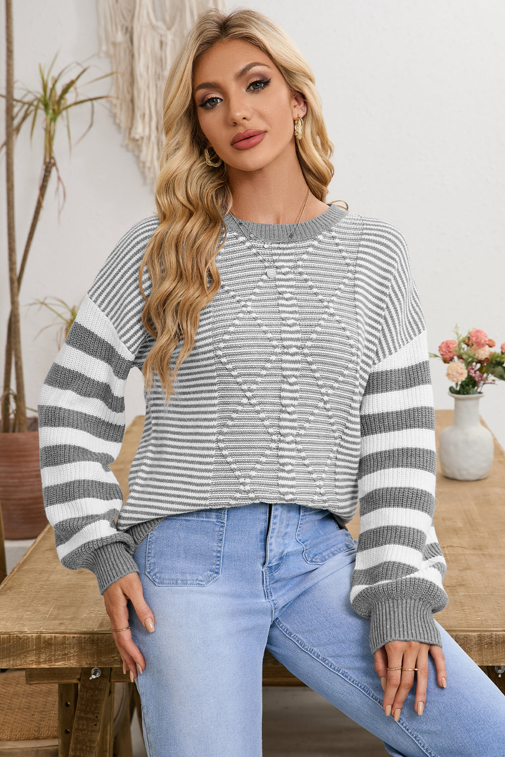 Gray Stripe Twisted Knitted Drop Shoulder Sweater