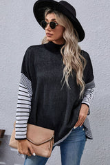 Perfee Striped Dolman Sleeve Mock Neck Knit Pullover