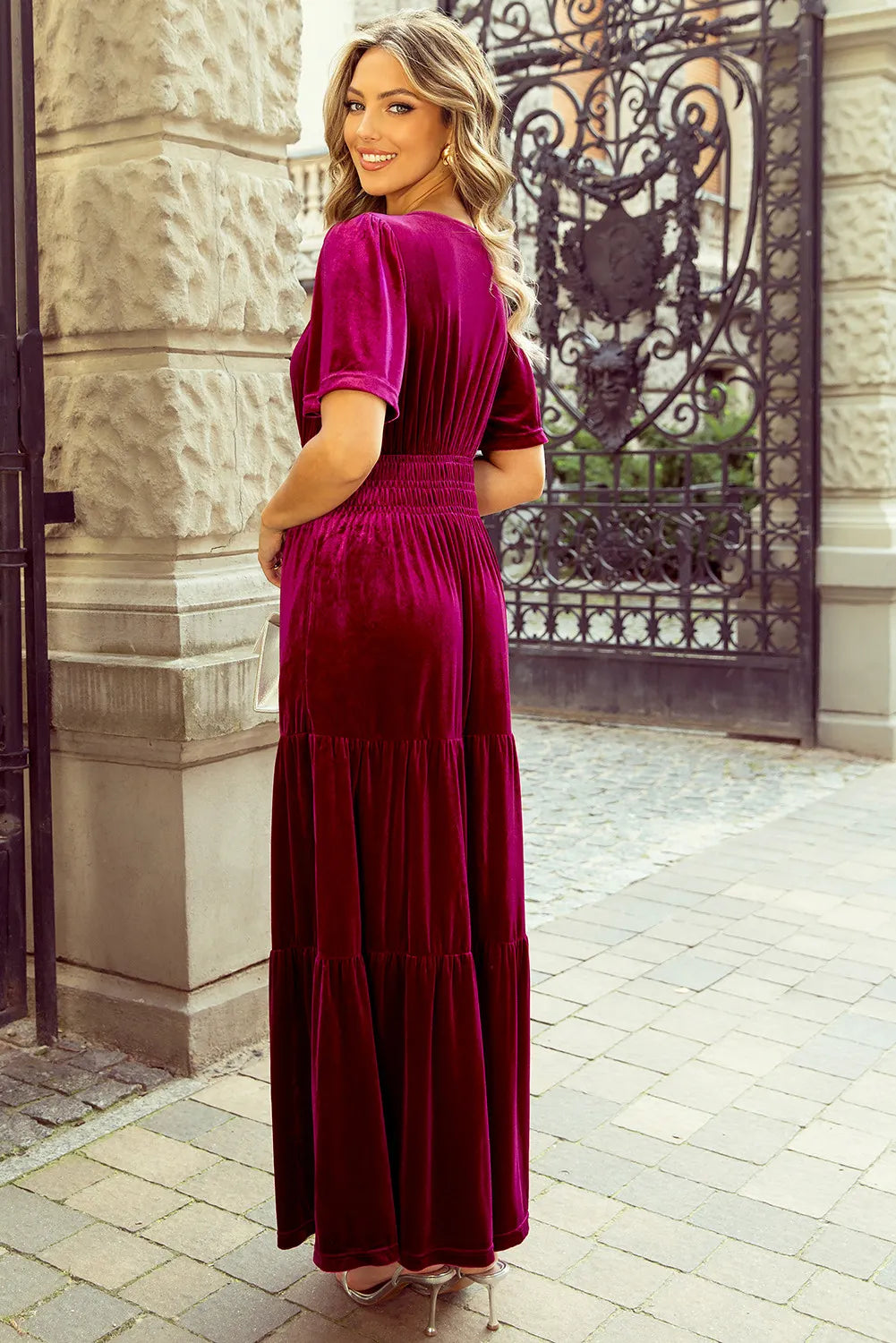 Tiered Notched Short Sleeve Dress with Pockets