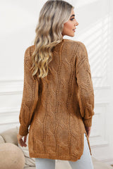 Khaki Ribbed Trim Hollow Knit Side Slits Cardigan