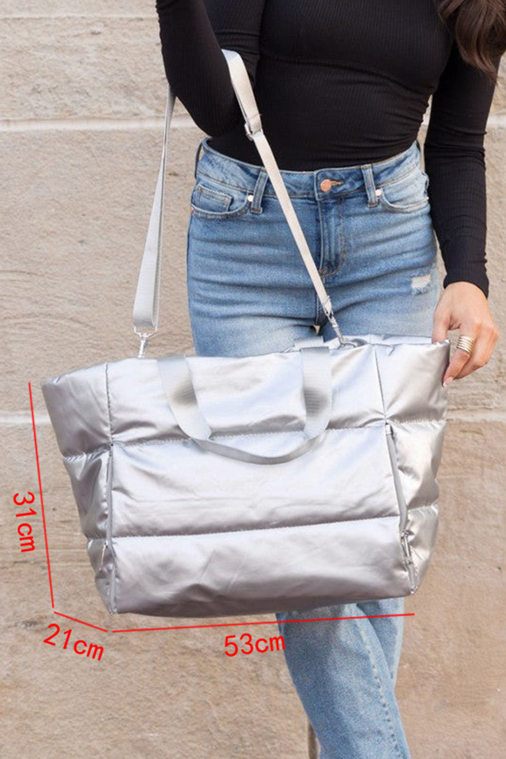 Silvery Solid Color Zipper Puffer Large Tote Bag