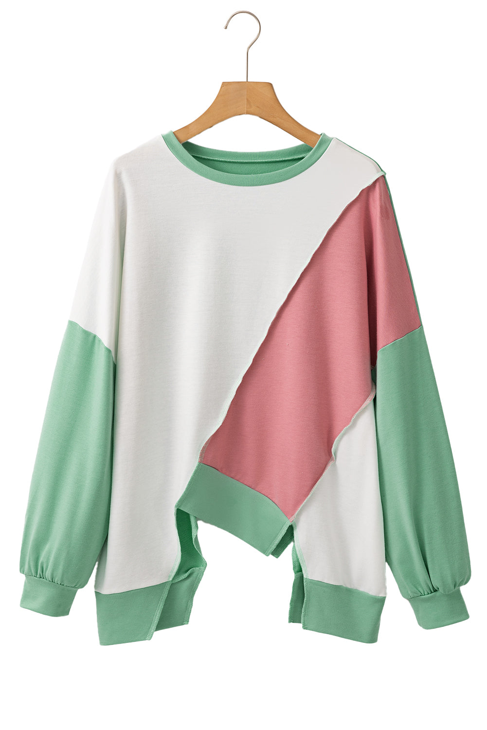 Khaki Colorblock Stitching Irregular Hem Long Sleeve Top