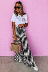 Black Stripe Lace-up Waist Casual Flared Pants