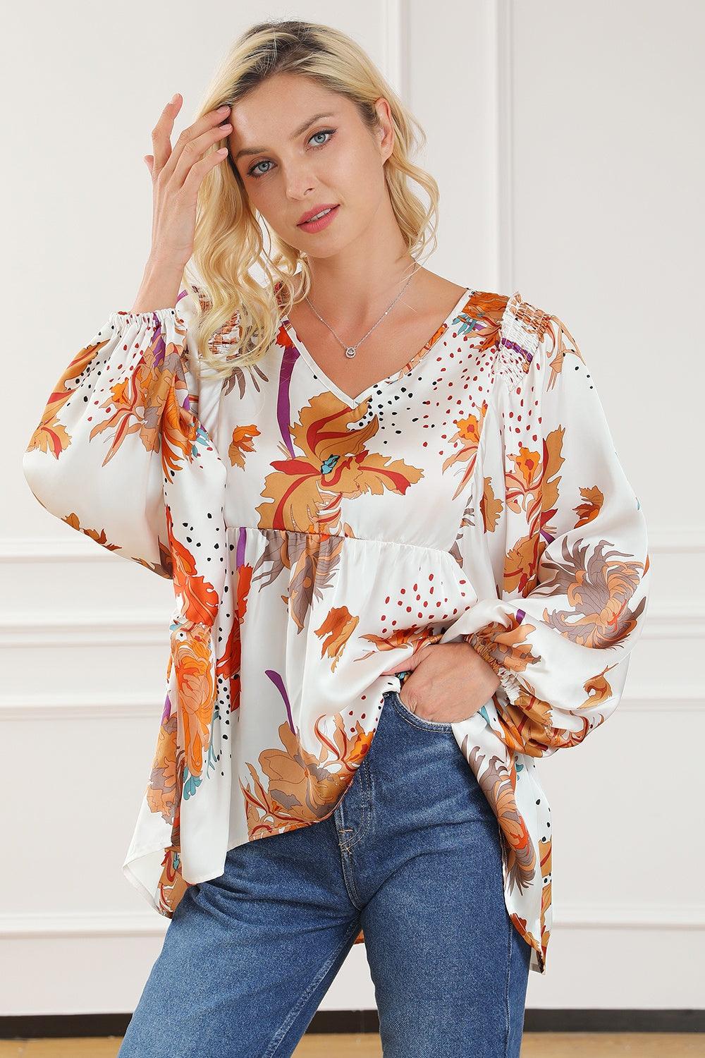 Printed V-Neck Smocked Balloon Sleeve Blouse - PD SECRET REALM