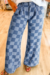 Dusk Blue Checkered Light Washed Wide Leg Jeans